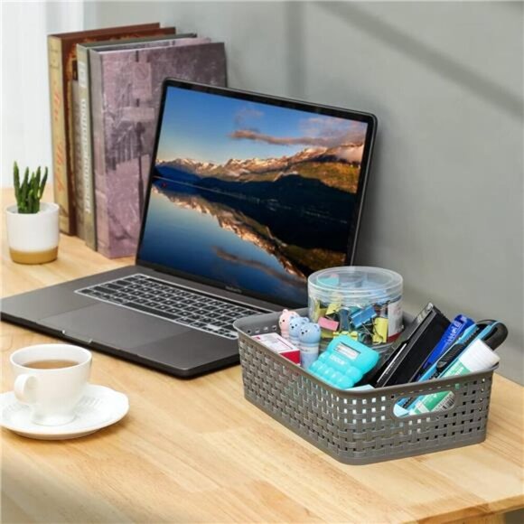 Plastic Storage Baskets Set of 8 Gray Organizer Bins for Closet Shelf Cabinet - Picture 2 of 7